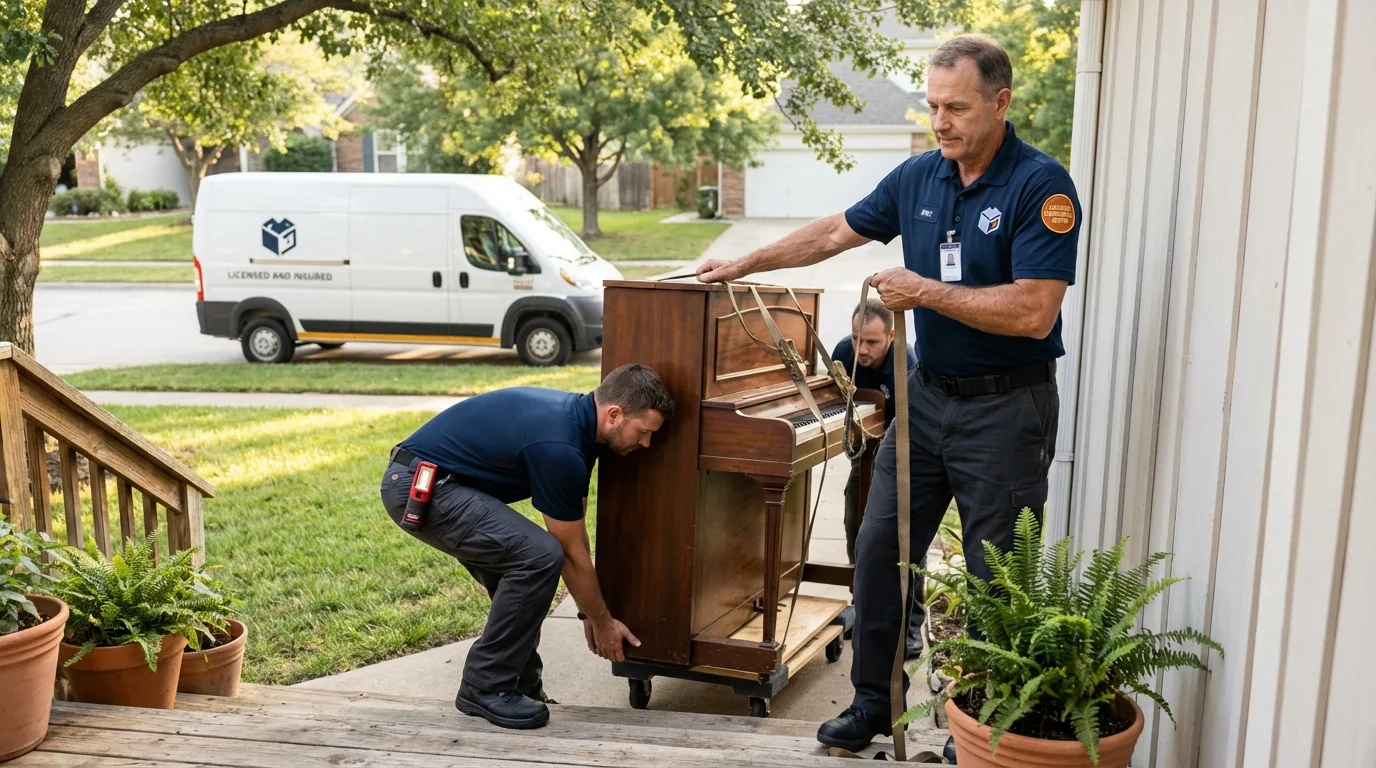 Licensed piano movers securing grand piano in Roland, IA