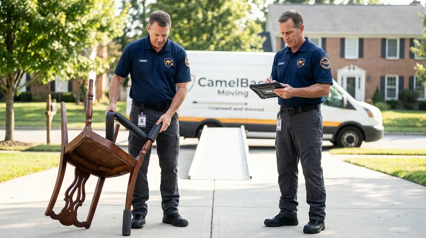 Movers inspecting furniture for damage prevention before loading in Roland, IA