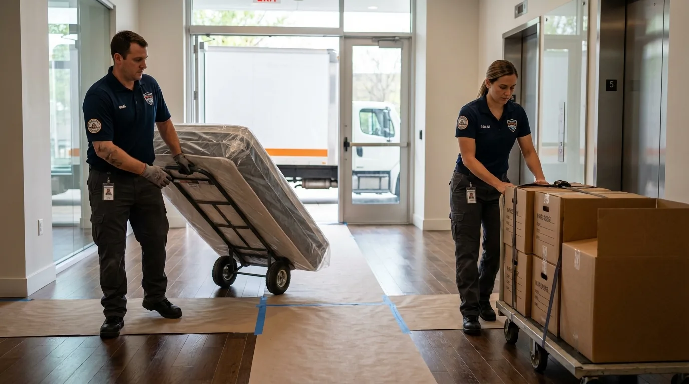 Professional apartment movers loading elevator in Roland, IA